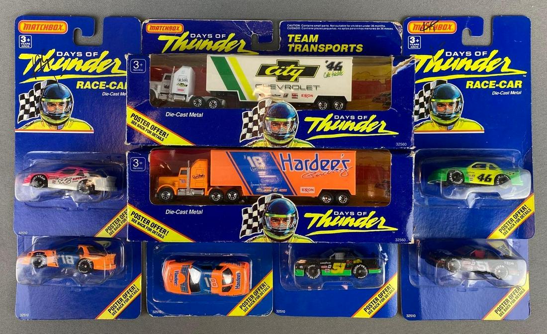 Group of 8 Matchbox Days of Thunder Die Cast Vehicles: all in original packaging. includes team transports and race cars