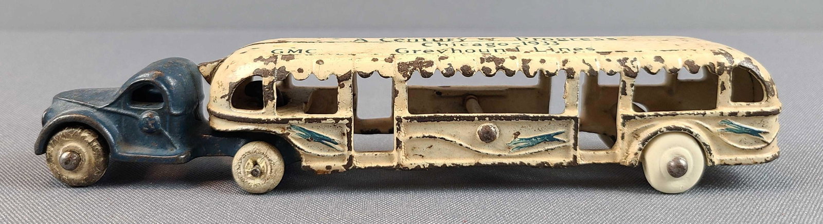 Century of Progress Greyhound Lines Transport: Chicago World's Fair 1933, GMC, Arcade cast iron. 7 1/2 inches long