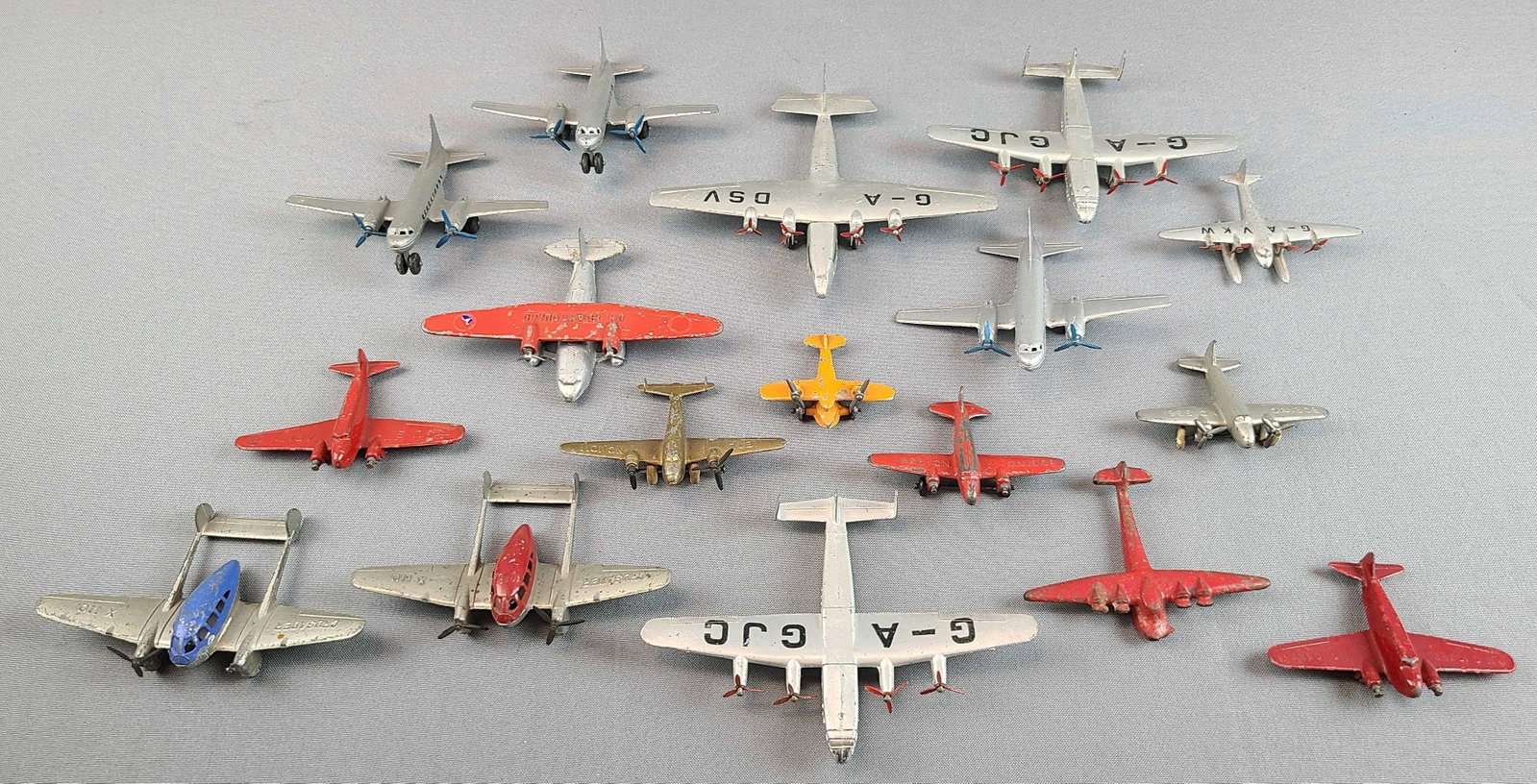 Group of 17 Toy Airplanes: Largest is 6 3/4 inches wide. Dinky Toys, tootsietoy, and more.