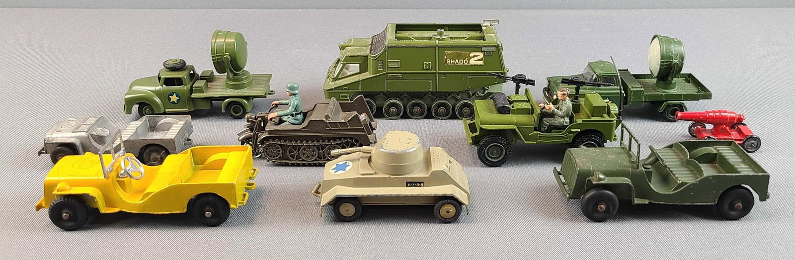 Group of 10 Toy Military Vehicles: Dinky, tootsietoy, and more. Largest is 5.75 inches long