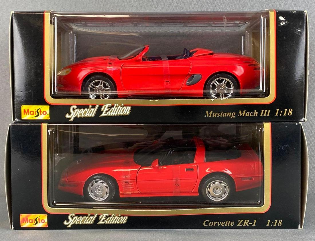 Group of 2 Maisto Special Edition Die-Cast Vehicles: 1/18th scale, 1992-93, includes Mustang Mach III, and Corvette ZR-1, boxes measure 5 x 12 1/2 x 6in.