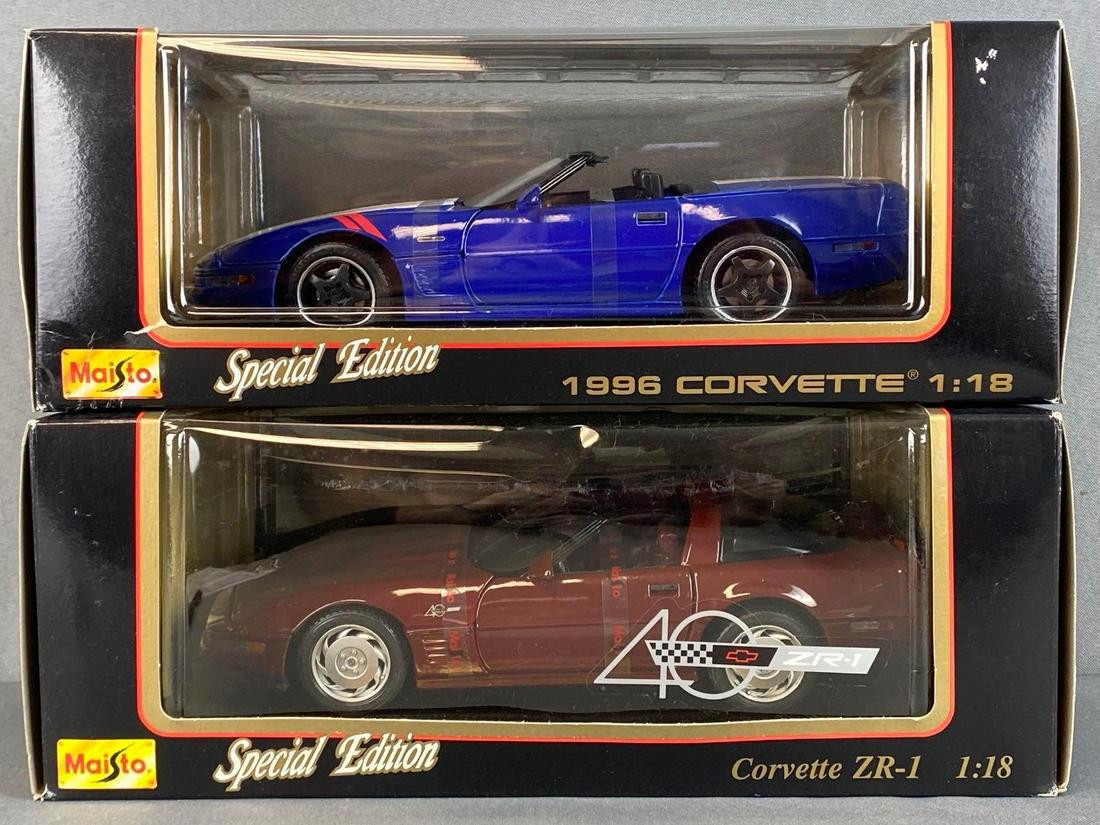 Group of 2 Maisto Special Edition Die-Cast Vehicles: 1/18th scale, includes 1996 Corvette, and Corvette ZR-1, boxes measure 5 x 12 1/2 x 6in.