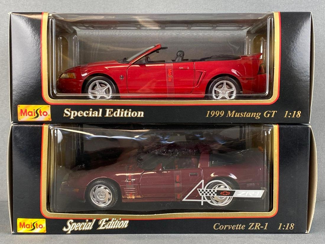 Group of 2 Maisto Special Edition Die-Cast Vehicles: 1/18th scale, includes 1999 Mustang GT Convertible, and 1993 Corvette ZR-1, boxes measure 4 3/4 x 12 1/2 x 6in.
