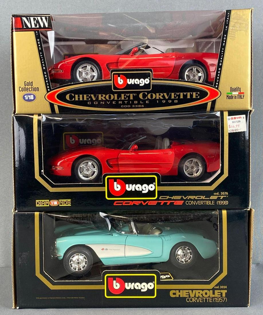 Group of 3 Bburago Chevrolet Corvette Die-Cast Vehicles: 1/18th scale model, includes Gold Collection 1998 Chevrolet Corvette Convertible, 1998 Chevrolet Corvette Convertible, and Chevrolet Corvette 1957, boxes measure 5 x 12 x 7 1/4in.