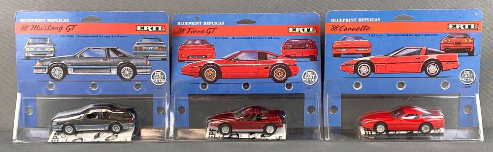 Group of 3 ERTL 1988 Die-Cast Vehicles: 1/43 scale, includes 1988 Mustang GT, 1988 Fiero GT, and 1988 Corvette, packaging measures 6 1/2 x 8 x 1 1/2in.