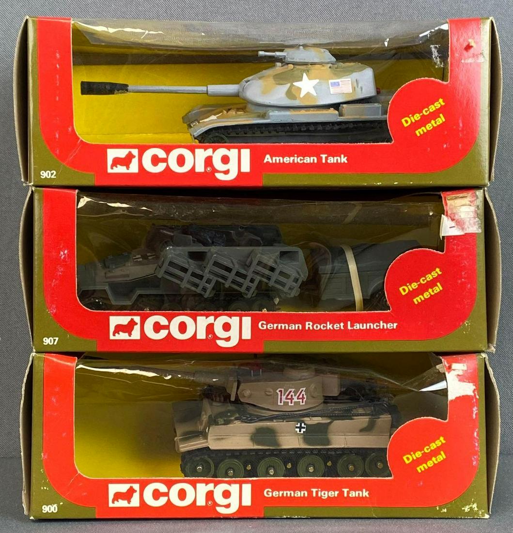 Group of 3 Corgi Military Die-Cast Vehicles: 1983, includes American Tank, German Rocket Launcher, and German Tiger Tank, some tears in boxes, boxes measure 2 3/4 x 7 3/4 x 4in.