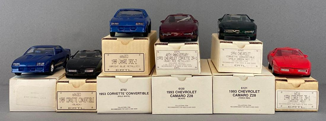 Group of 9 Assorted ERTL Dealership Promo Cars: All have original boxes. 3 secured in boxes. Includes 1989 Camaro IROC-2, 1993 Chevrolet Camaro, 1953 Corvette Convertible, and more.