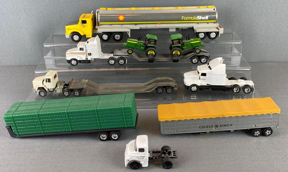 Group of Die Cast Trucks with Trailers: includes Case, John Deere, Shell, and more