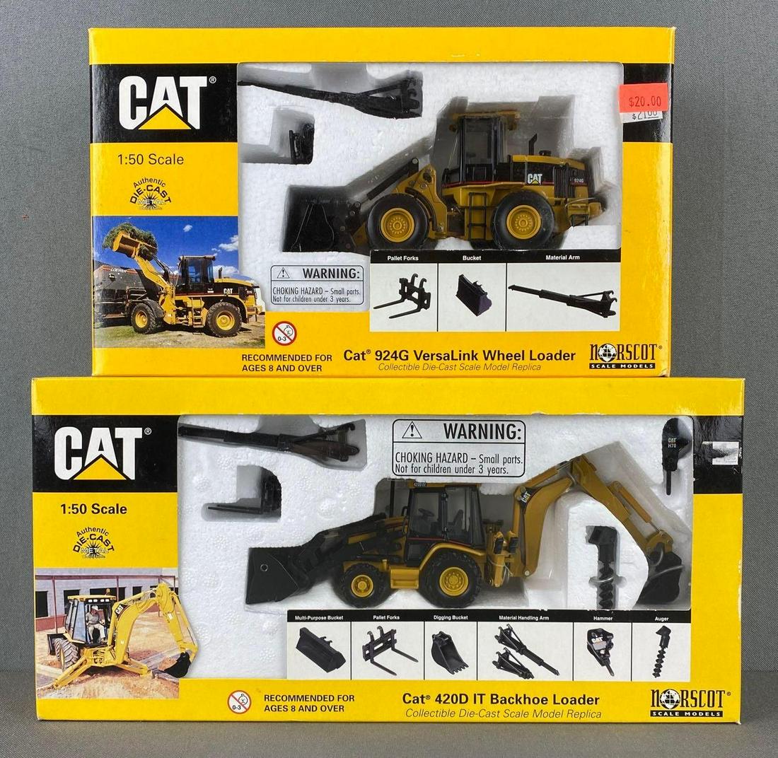 2 Norscot Die Cast Caterpillar Loaders: 1:50 scale, includes 924G VersaLink Wheel Loader and 420S IT Backhoe Loader, with original boxes, largest box is 6 X 12 1/4 X 3 inches
