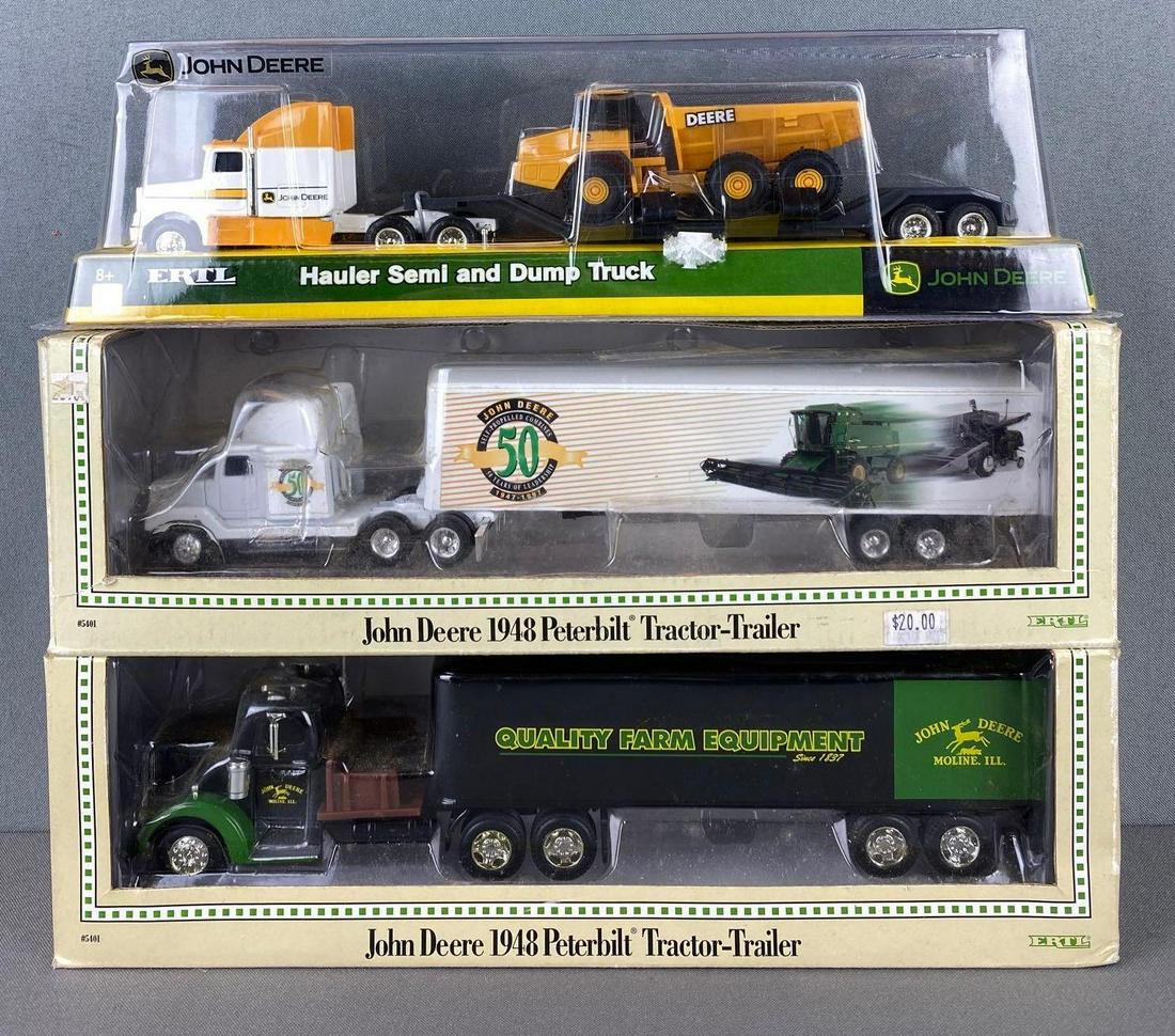 Group of 3 ERTL Die Cast John Deere Trucks: all with original boxes, includes hauler semi and dump truck and 2 1948 peterbilt tractor trailers