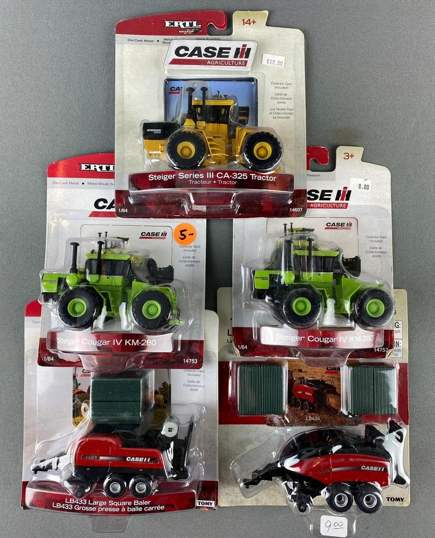 Group of 5 ERTL Die Cast Case Tractors: all in original packaging. includes LB433 and LB434 Large Square Balers, 2 Steiger Cougar IV KM-280, and Steiger series 3 CA-325