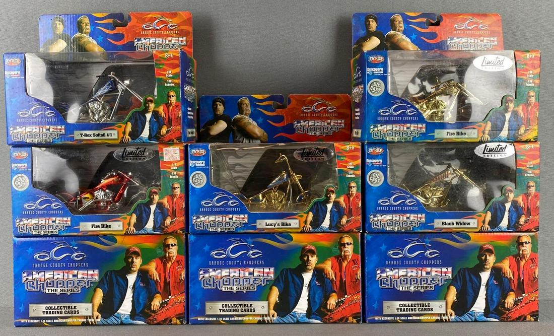 Group of 8 Joyride American Chopper Series Die Cast Motorcycles: in original boxes. includes black widow, Lucyâ€™s bike, fire bike, and more