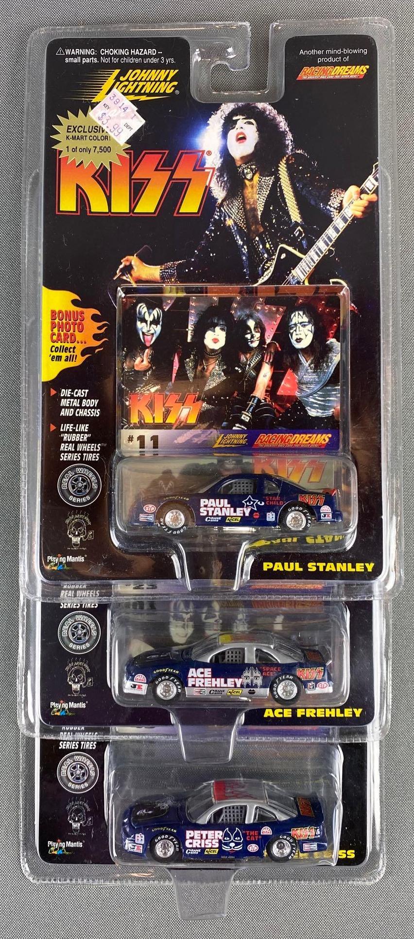 Group of 3 Johnny Lightning Die Cast Kiss Vehicles: 1997, all in original packaging. includes the ail Stanley, ace frehley, and Peter criss