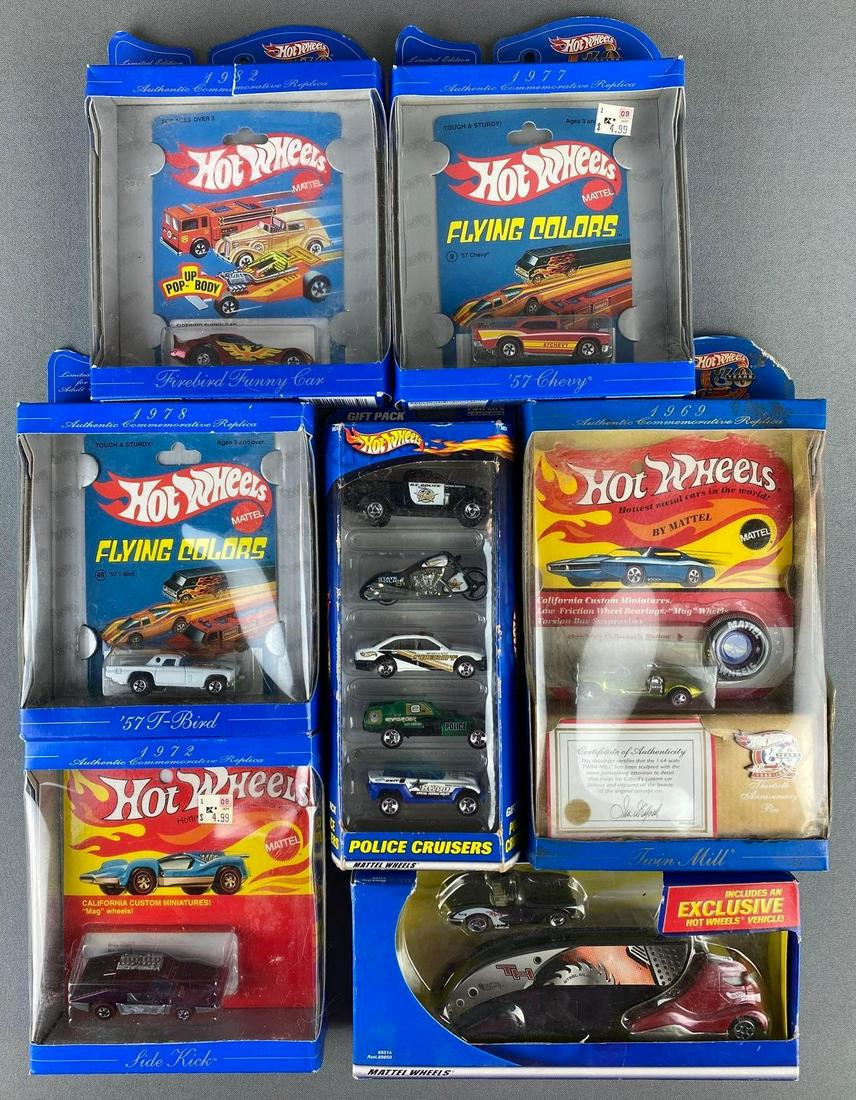 Group of Mattel Hot Wheels Die Cast Vehicles: included 1957 t-Bird, side kick, 1957 Chevy, Firebird funny car, and more