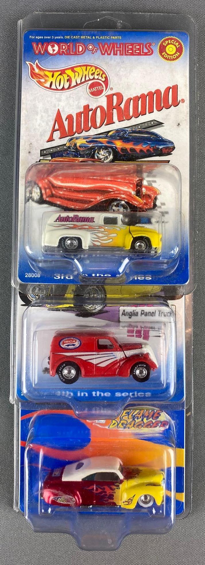 Group of 3 Mattel Hot Wheels Die Cast Vehicles: includes anglia panel truck, 1956 ford, and tail dragster