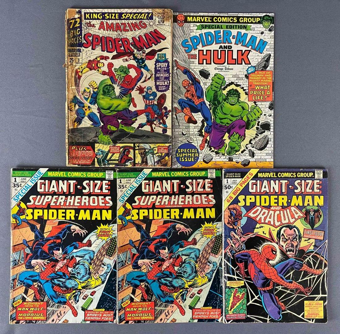 Group of 5 Marvel Comics Spider-Man Comic Books: No. 1, 3, Spider-Man and The Hulk, The Amazing Spider-Man, and more. November 1966 - July 1974, Silver/Bronze Age. No. 3 is worn but complete. $0.25, $0.35, $0.50. Majority bagged and boarded.