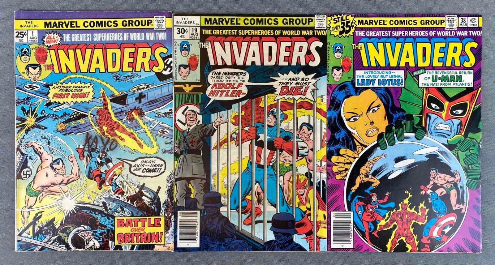 Group of 3 Marvel Comics The Invaders Comic Books: August 1975, 1977, March 1978. Bronze Age, $0.25, $0.30, $0.35. bagged and boarded