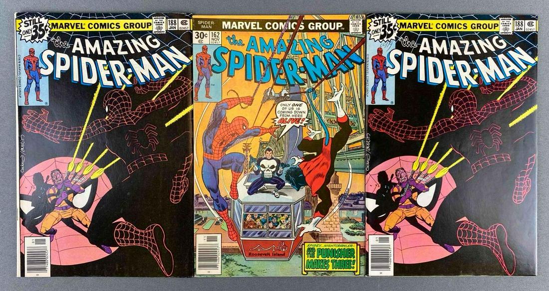 Group of 3 Marvel Comics The Amazing Spider-Man Comic Books: November 1976, January 1979. No. 162, 166. Bronze Age, $0.30, $0.35, bagged and boarded