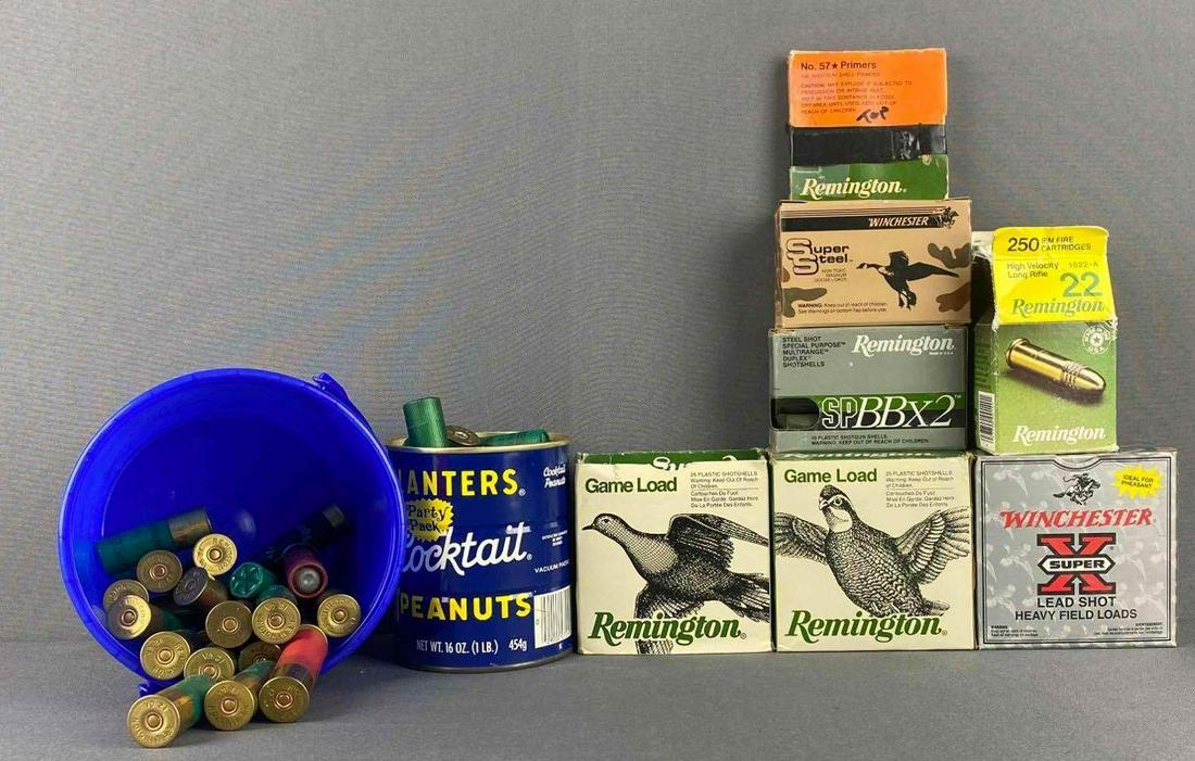 Group of 9 Boxes of 12GA Shotgun Ammunition: Includes 12 Gauge Shotgun pellets, Remington Game load, Winchester Super Steel 12 Gauge, No. 57 Primer Shotgun Shells, and more.