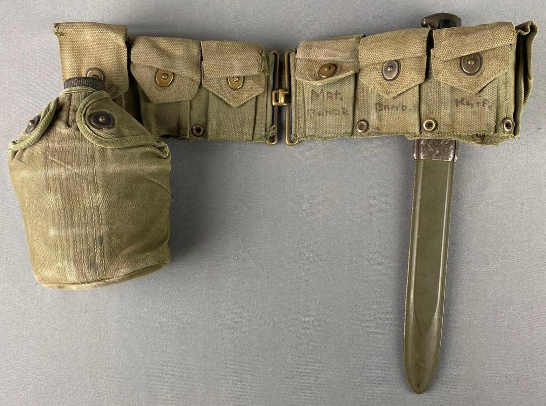 WW2 US Army M1 Garand Ammo Belt with Bayonet Scabbard: 1943, with knife and canteen, scabbard measures 11in long.