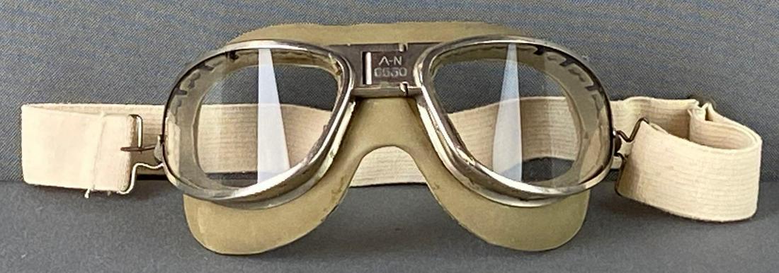 AN6530 Flying Goggles and Box: Clear lenses, unissued, box measures 7x3x 3 1/2in.