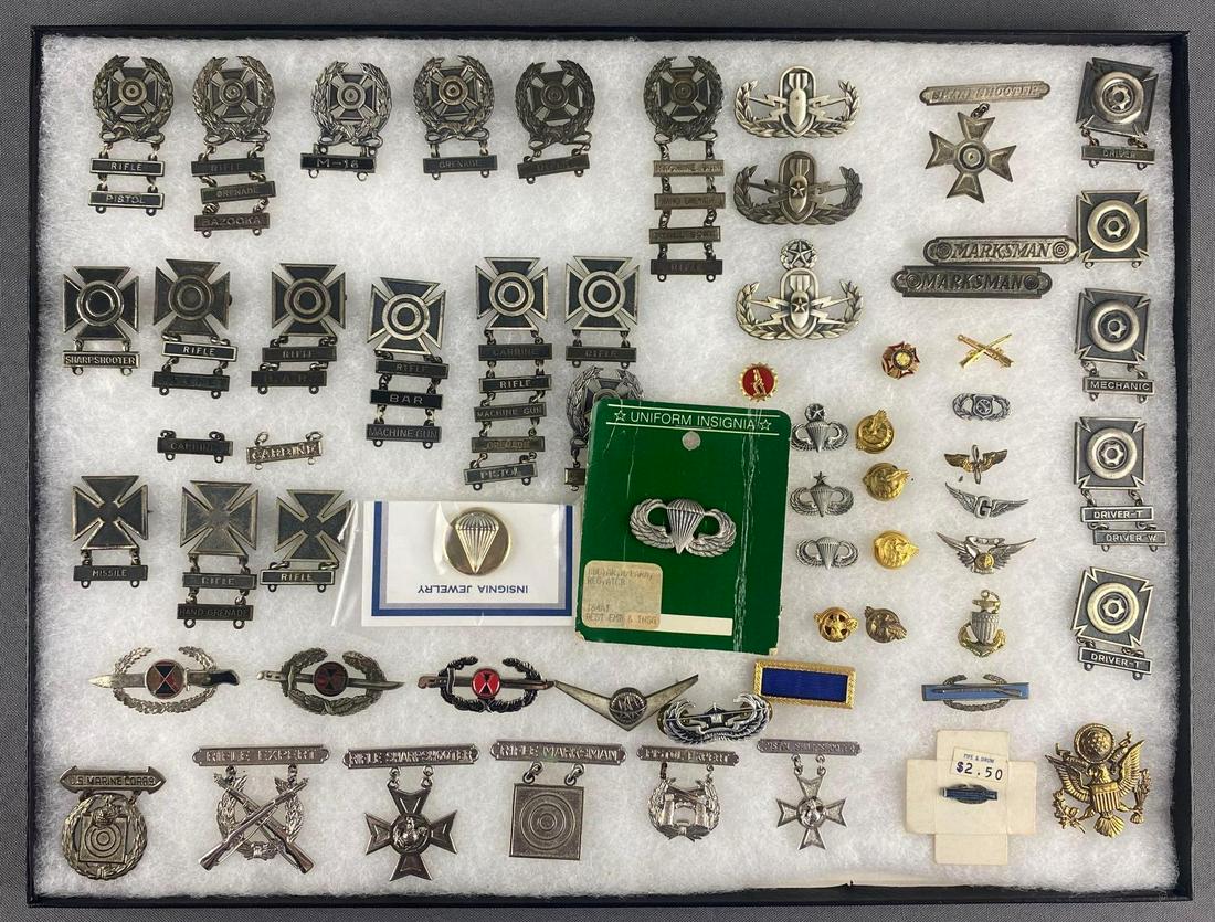 Group of 50+ Insignia Pins: Case is 12 x 16 inches.
