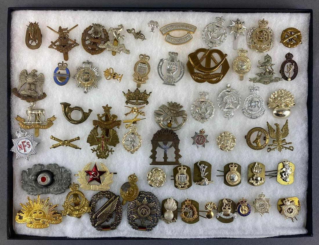 Group of 30+ Badges and Pins: Majority is British. Case is 12 x 16 inches.