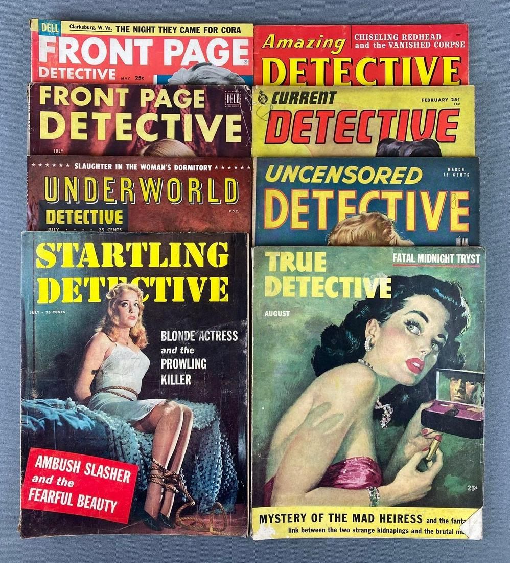 Group of 8 Detective Magazines: 1940s-50s, condition consistent with age. includes true detective uncensored detective, front page detective, and more