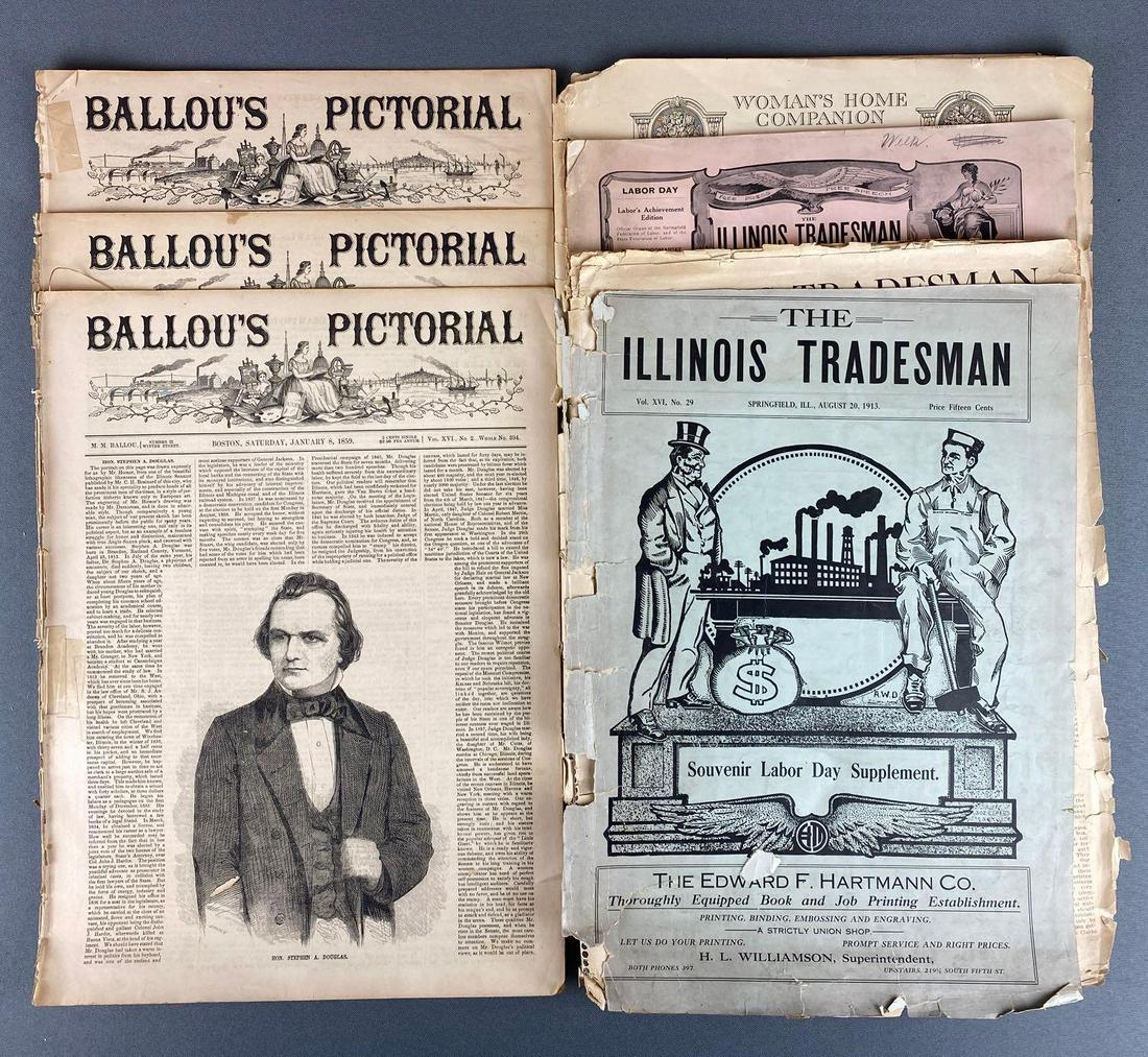 Group of Assorted Newspapers: condition consistent with age. 1859, 1909, 1913 and 1916. includes Ballous Pictoral, Illinois Tradesman, and Womanâ€™s Home Companion