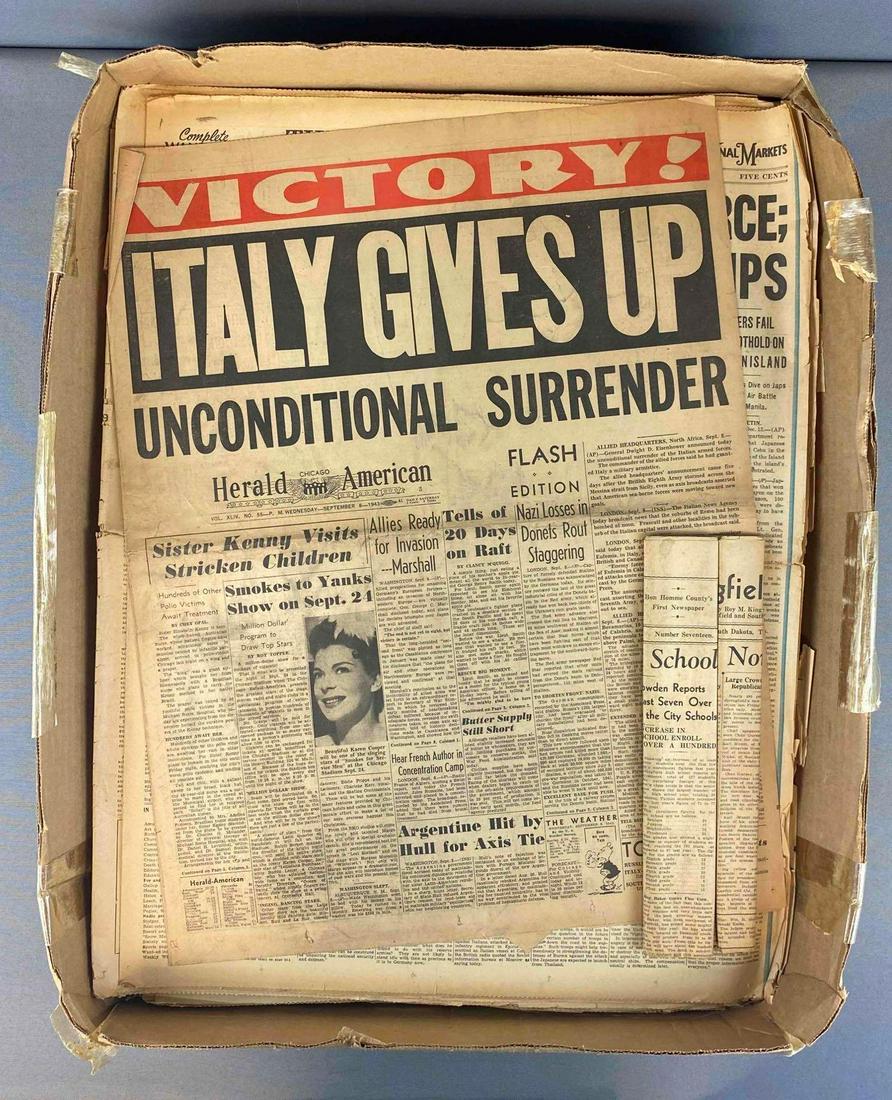 Box of Newspaper: Includes Victory Italy Gives Up 1943, Teutons Invade Poland 1915, Yanks Advance 1944, and more.