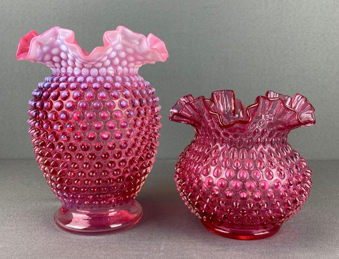 2 Cranberry Glass Hobnail Ruffle Ribbon Edge Vases: 1 opalescent, largest is 7 3/4 X 6 X 5 inches
