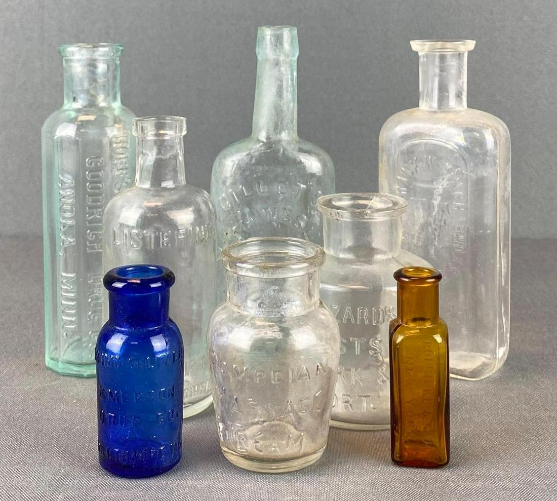 Group of 8 Medicine Bottles: Hoffs German Liniment Anoka Minn, Gilletts Chines Liquid Bluing Tripple Strength, Pompian Message Cream, Frank Finch Druggist Hastings Minn 1892 ptd style lip chip, Causwell Hazzard Chemists, Listerin