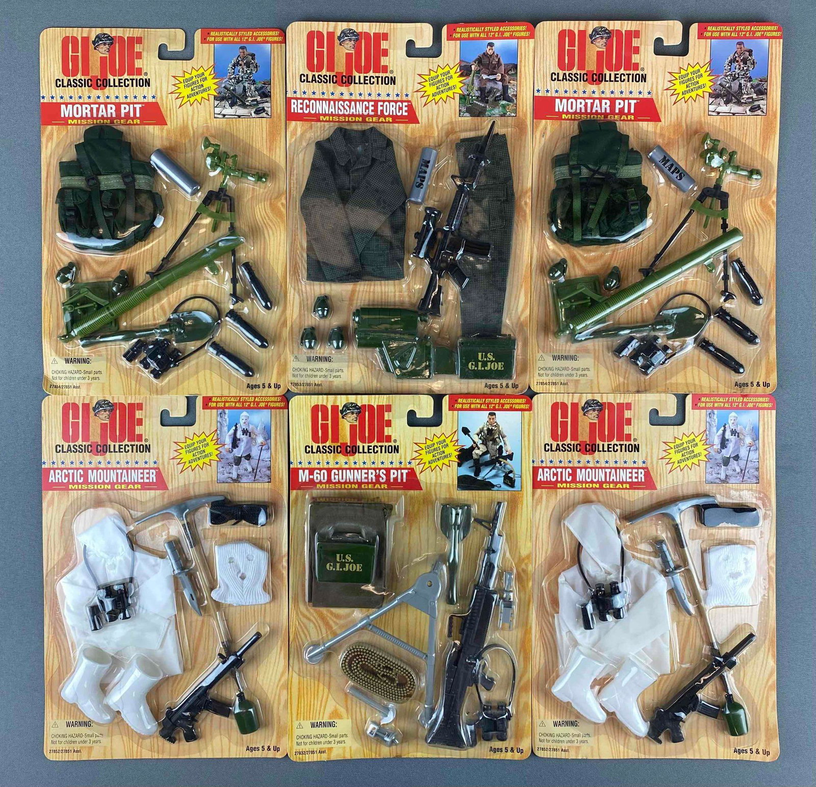 Group of Hasbro G.I. Joe Classic Collection Gear Kits: 1996, accessories for 12 inch figures, includes mortar pit, reconnaissance force, and Arctic mountaineer