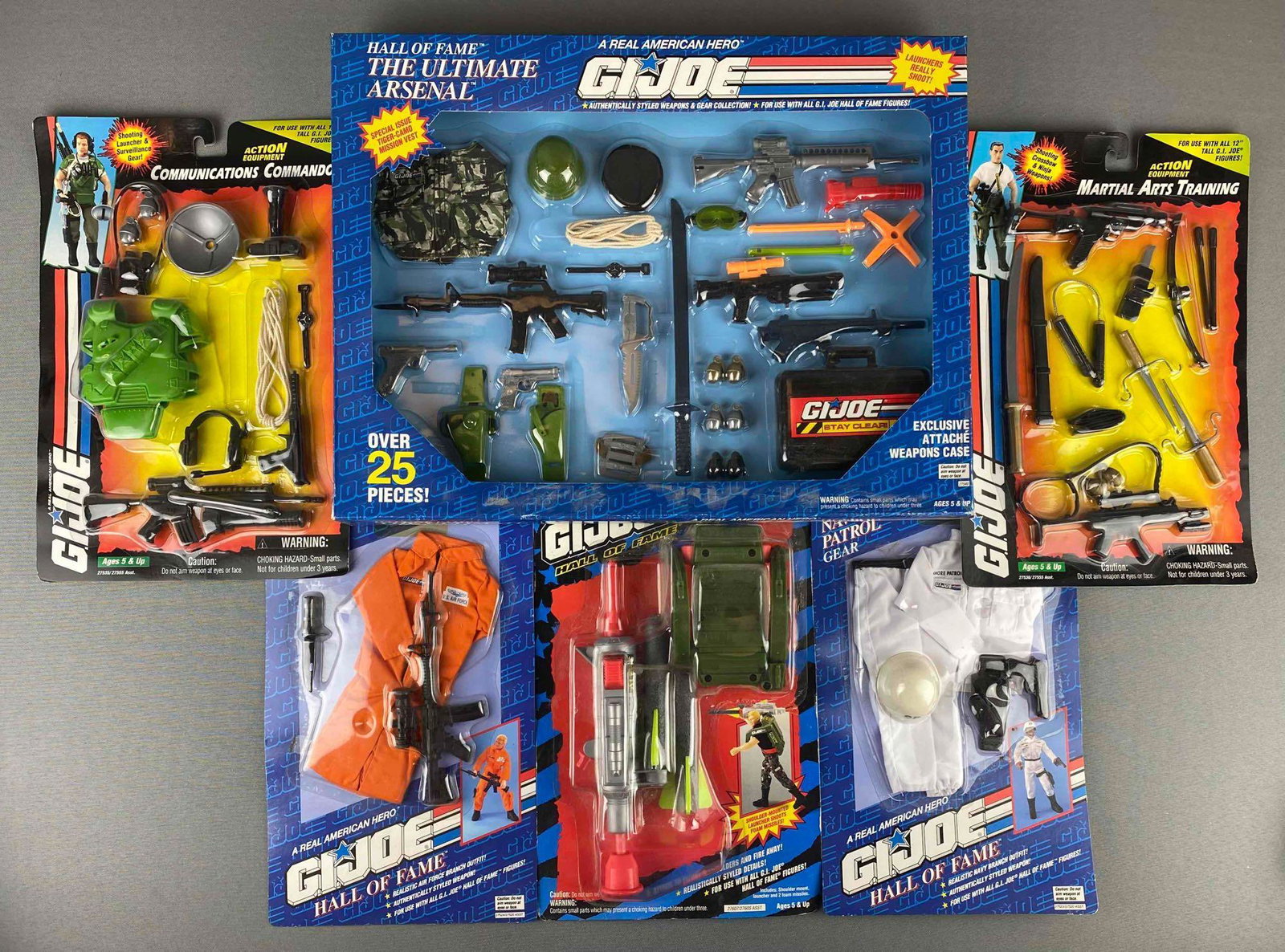Group of Hasbro G.I Joe Gear/Accessory Kits: for 12 inch figures, includes martial arts training, backpack missile blaster, navy Shore patrol and more