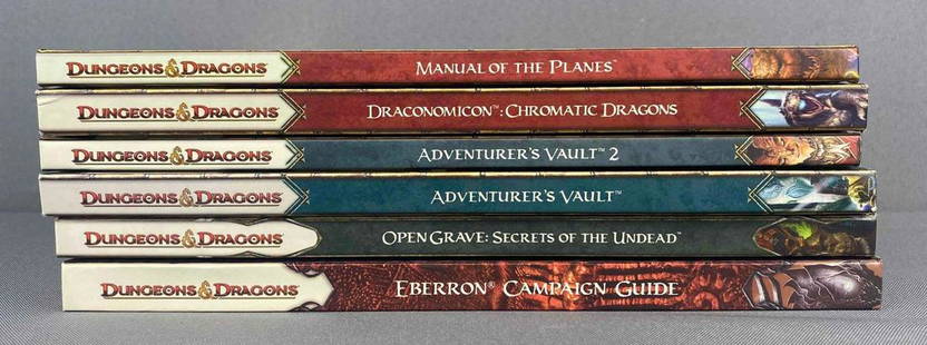 Group of 6 Dungeons and Dragons Books: Includes Manual of the Planes, Draconomicon Chromatic Dragons, Adventures Vault 2, and more.