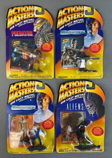 Group of 4 Kenner Action Masters Die-Cast Figures: 1994, all in original packaging, some warping and bent cards, includes Predator, (2) Terminator 2, and Aliens, packaging measures 8 x 5 1/4 x 1in.