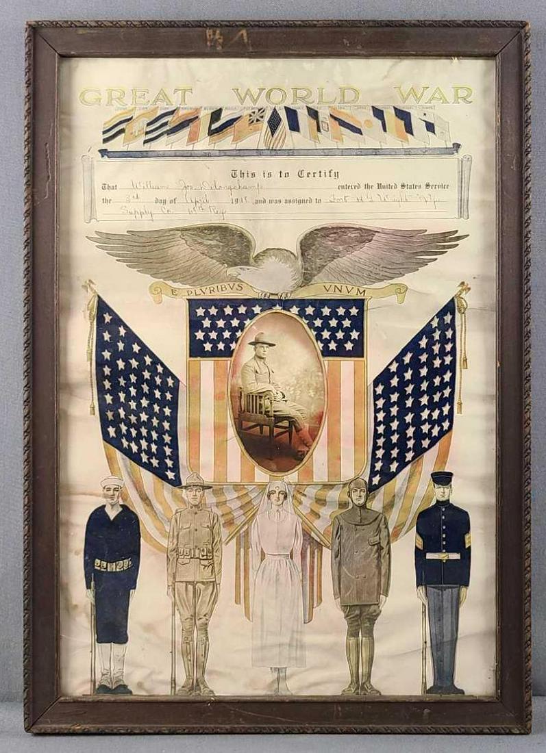 Great World War WW1 Service certificate: Identified, Copyright 1917. 15 x 21 inches