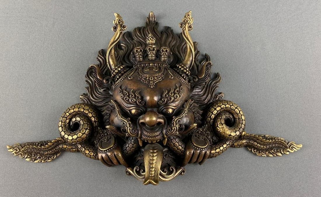 Tibetan Bronze Demon Wall Hanging: 14 3/4 X 9 1/2 X 3 inches