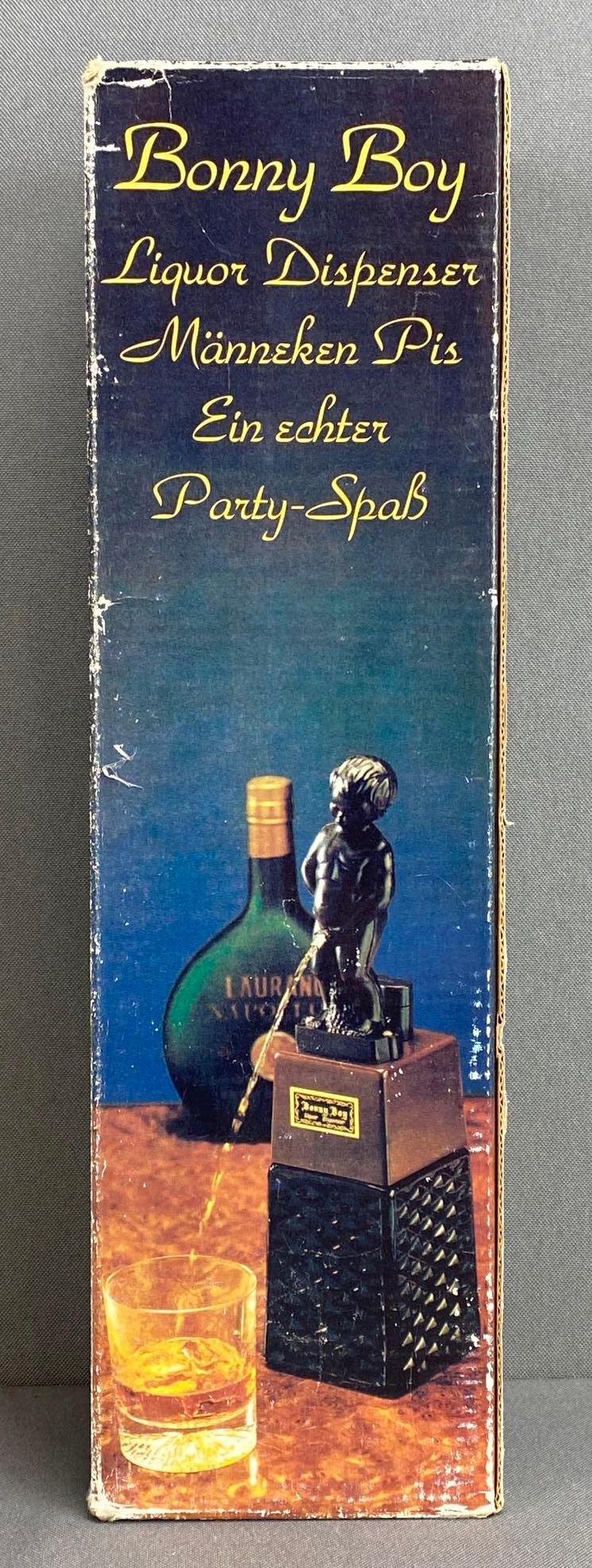 Bonny Boy Liquor Dispenser: With original box, unknown working condition, some wear on box, box measures 13 x 3 1/2 x 3 1/2in.