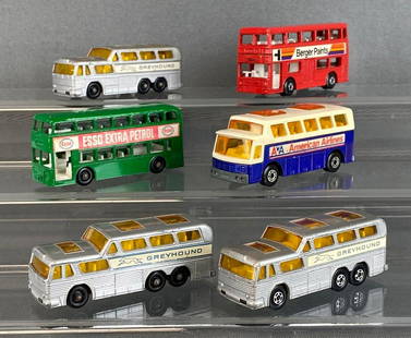 Group of 6 Matchbox Die-Cast Buses: 1966-72, Lesney product, Including Greyhound No. 66, Airport Coach No. 65, The Londoner No. 17, and Daimler Bus No. 74.