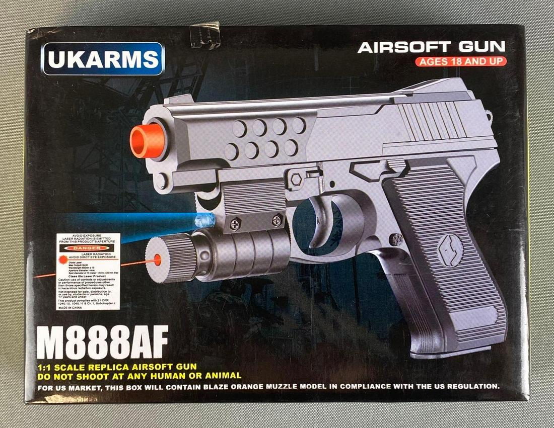 Ukarms M888AF Airsoft Gun: 1/1 scale replica airsoft gun, in factory packaging, missing box base, untested, box measures 1 1/2 x 7 x 5 1/4in.