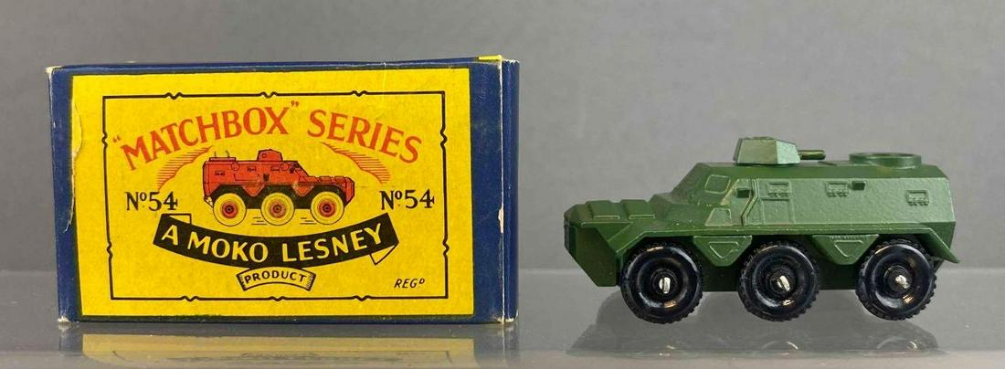 Matchbox No. 54 Saracen Personal Carrier: Green. A Moko Lesney Product. Black plastic wheels. Original box. Made in England. Die-cast.