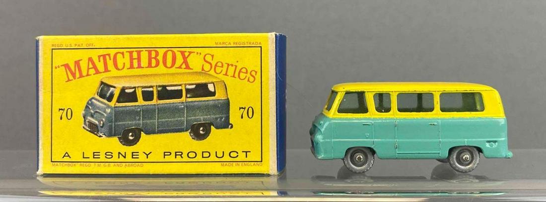 Matchbox No. 70 Thames Estate Car: Teal/yellow. A Lesney Product. Gray plastic wheels. Original box. Made in England. Die-cast.