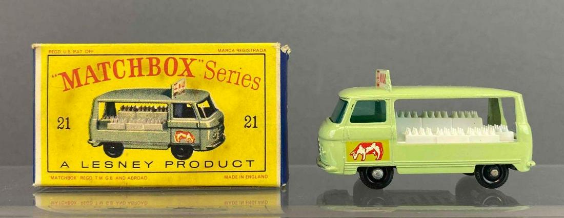 Matchbox No. 21 Milk Delivery Truck: Light Green. A Lesney Product. Black plastic wheels. Original box (rough edges). Made in England. Die-cast.
