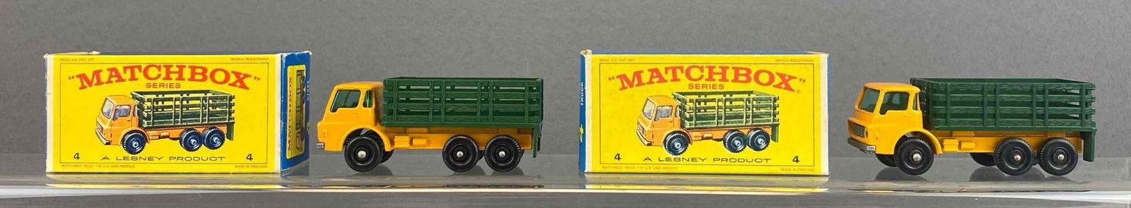 Group of 2 Matchbox No. 4: Yellow/Green. A Lesney Product. Black plastic wheels. Original box. Made in England. Die-cast.