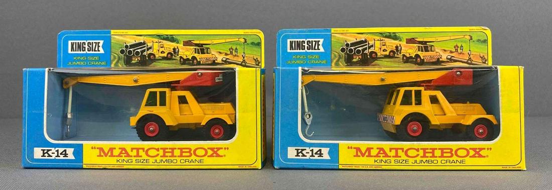 Group of 2 Matchbox K-14 King Size Jumbo Crane: A Lesney Product. Black plastic wheels. New in Original box. Die-cast. Unpunched.