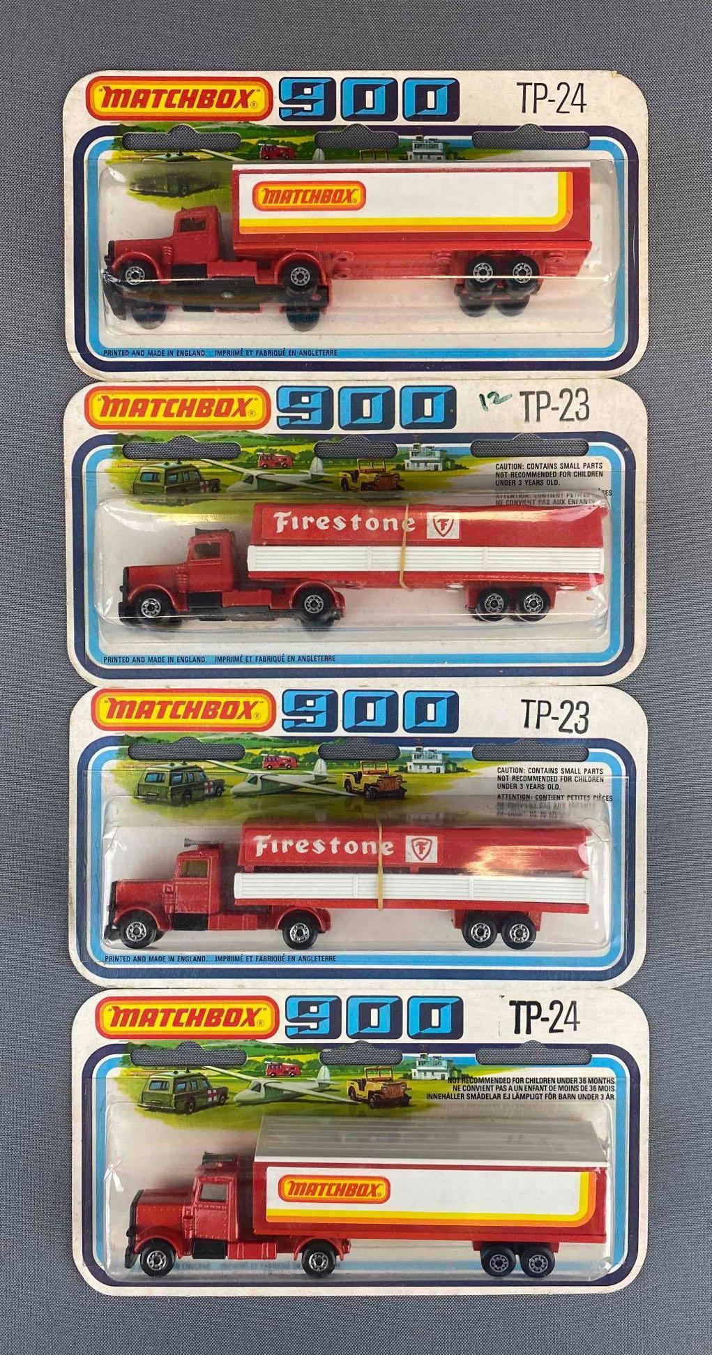 Group of 4 Matchbox 900 TP-23 and TP-24: 1978. New in original packaging. Some dents to blister.
