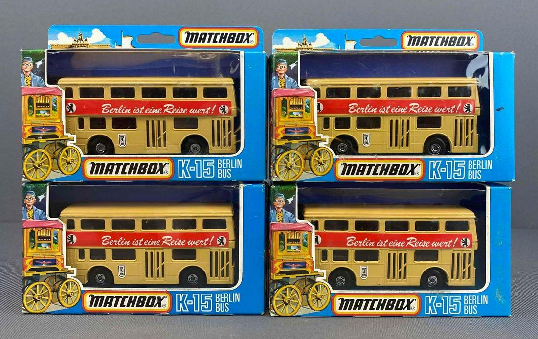 Group of 4 Matchbox Super Kings K-15 Berlin Bus: New in original packaging.