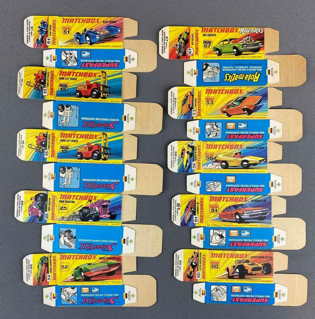 Group of 10 Matchbox I Type Boxes: Includes No. 60 Lotus Super Seven, No. 51. Citroen SM, No. 52 Dodge Charger MK3, and more.