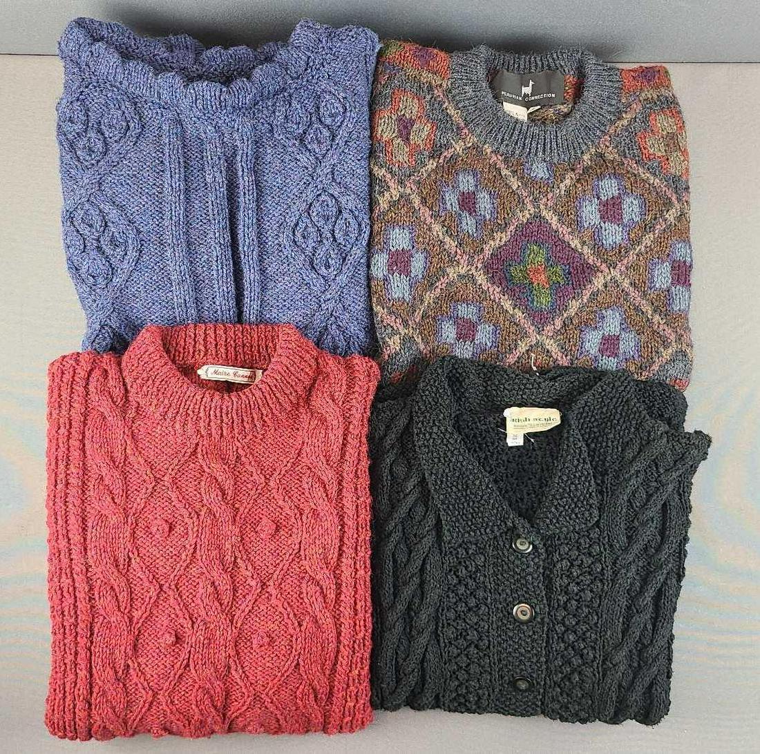 Group of 4 Sweaters: 2 Irish, Peruvian Connection, Marie Cannon. One marked one size, one XL, 2 unmarked. Nice condition, no holes